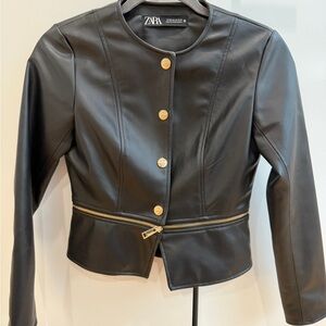 Zara Black Leather Jacket with Gold Buttons